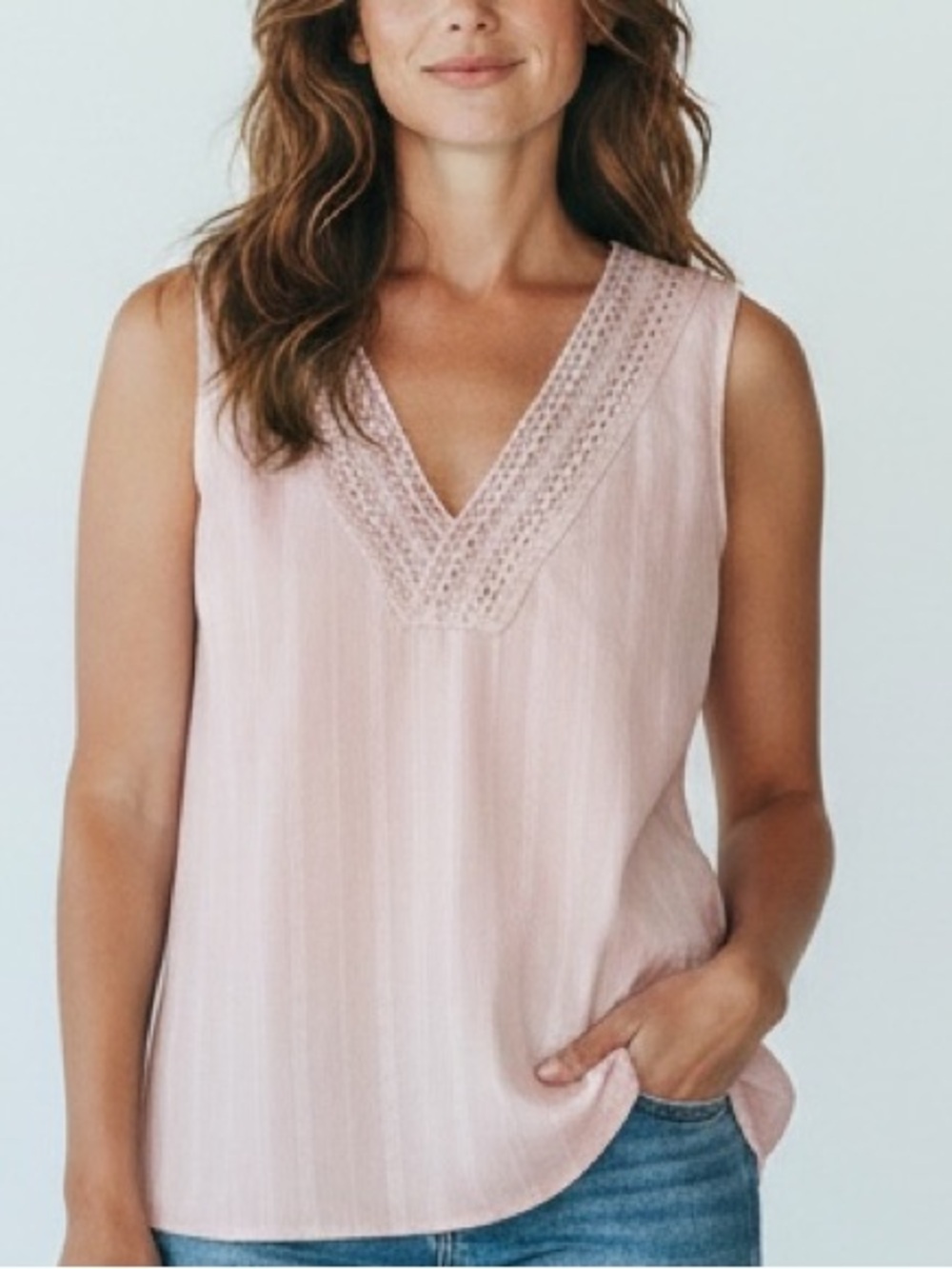 Garnet Hill cotton Sleeveless V‑Neck Crochet Lace Trim Women’s Top in Blush Pink